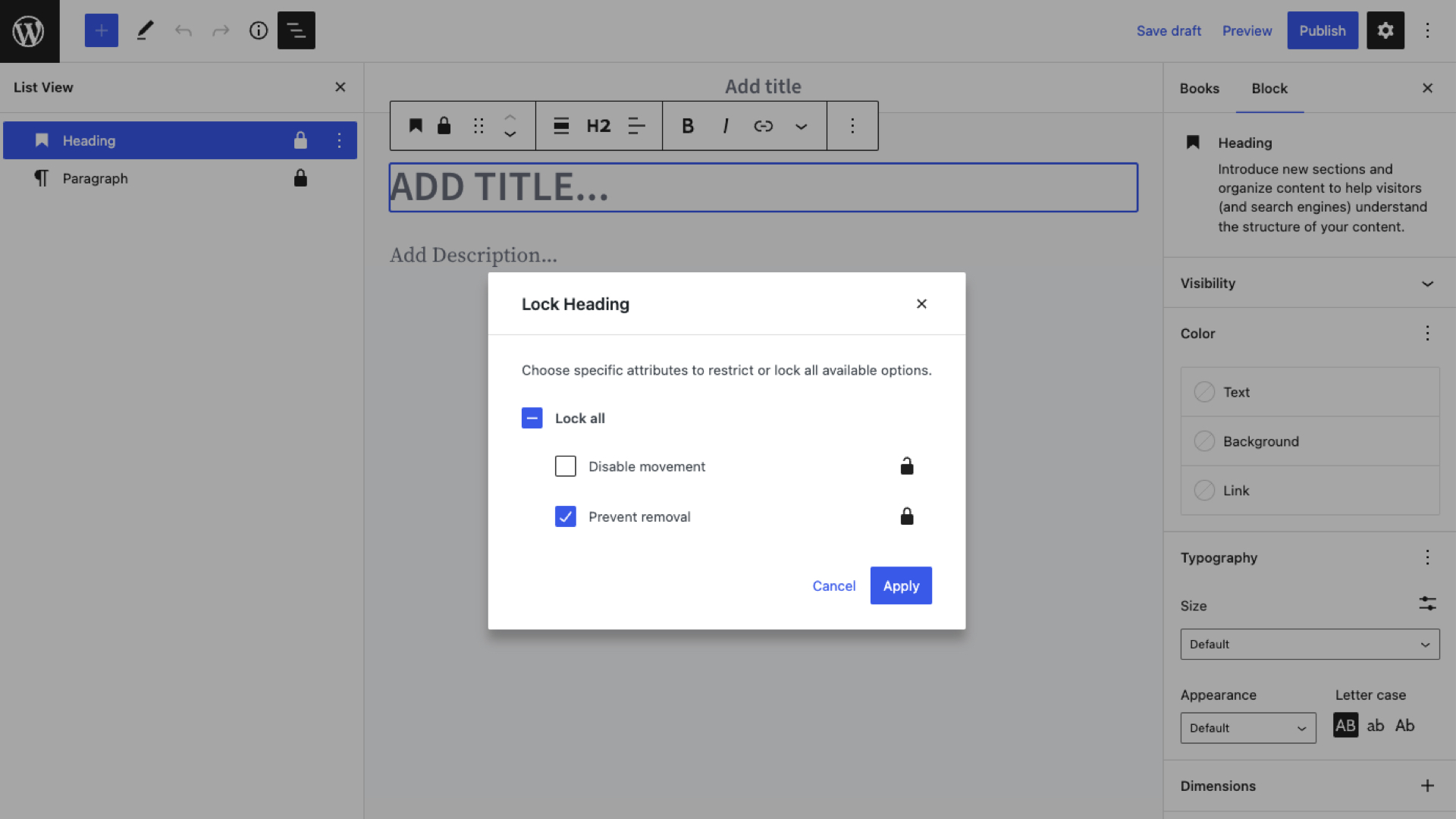 Locking blocks using the Editor UI.