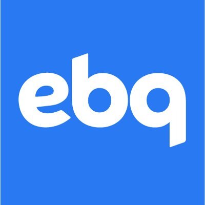 EBQ logo (white lowercase text on sky blue background)