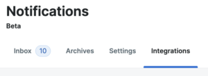 Screenshot of the tabs on the Notifications page in the WP Engine User Portal with the Integrations tab highlighted