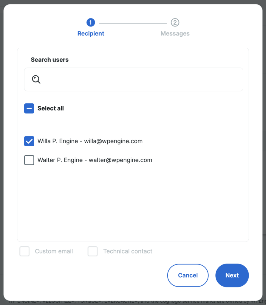 Screenshot of the Notifications Settings page in the WP Engine User Portal, showing how to select users for an email policy.